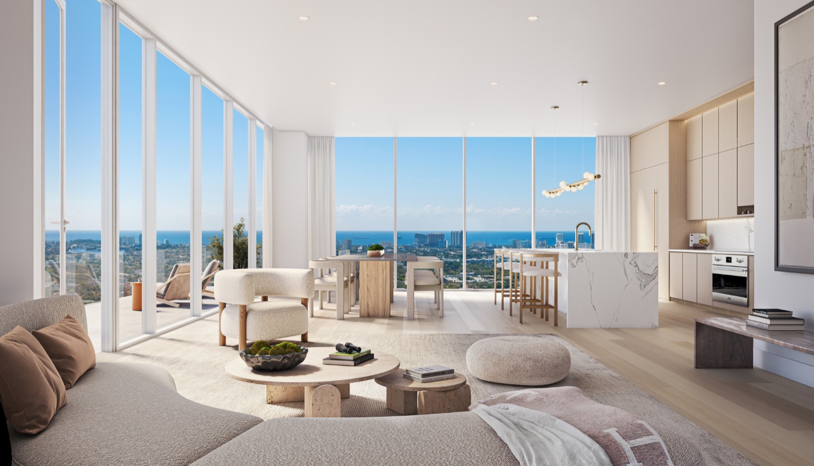 Ombelle Fort Lauderdale residence living and dining room rendering, fully finished and furnished