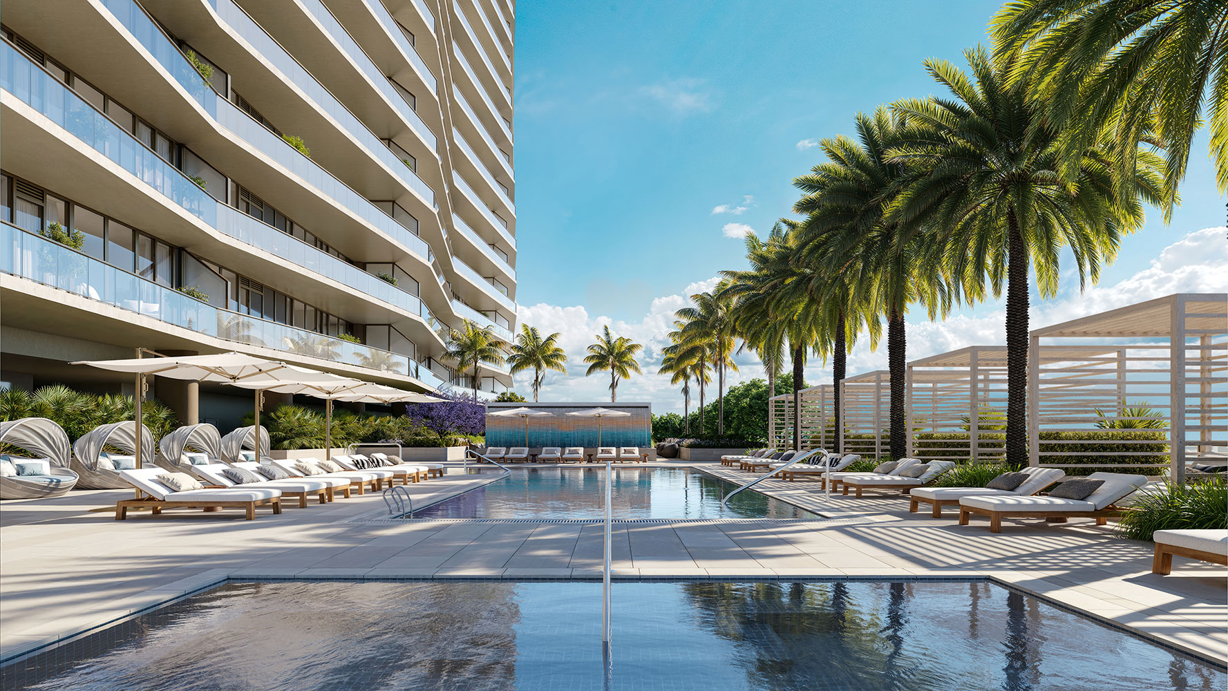 The Berkeley Palm Beach seventh-floor pool deck with private cabanas, rendering