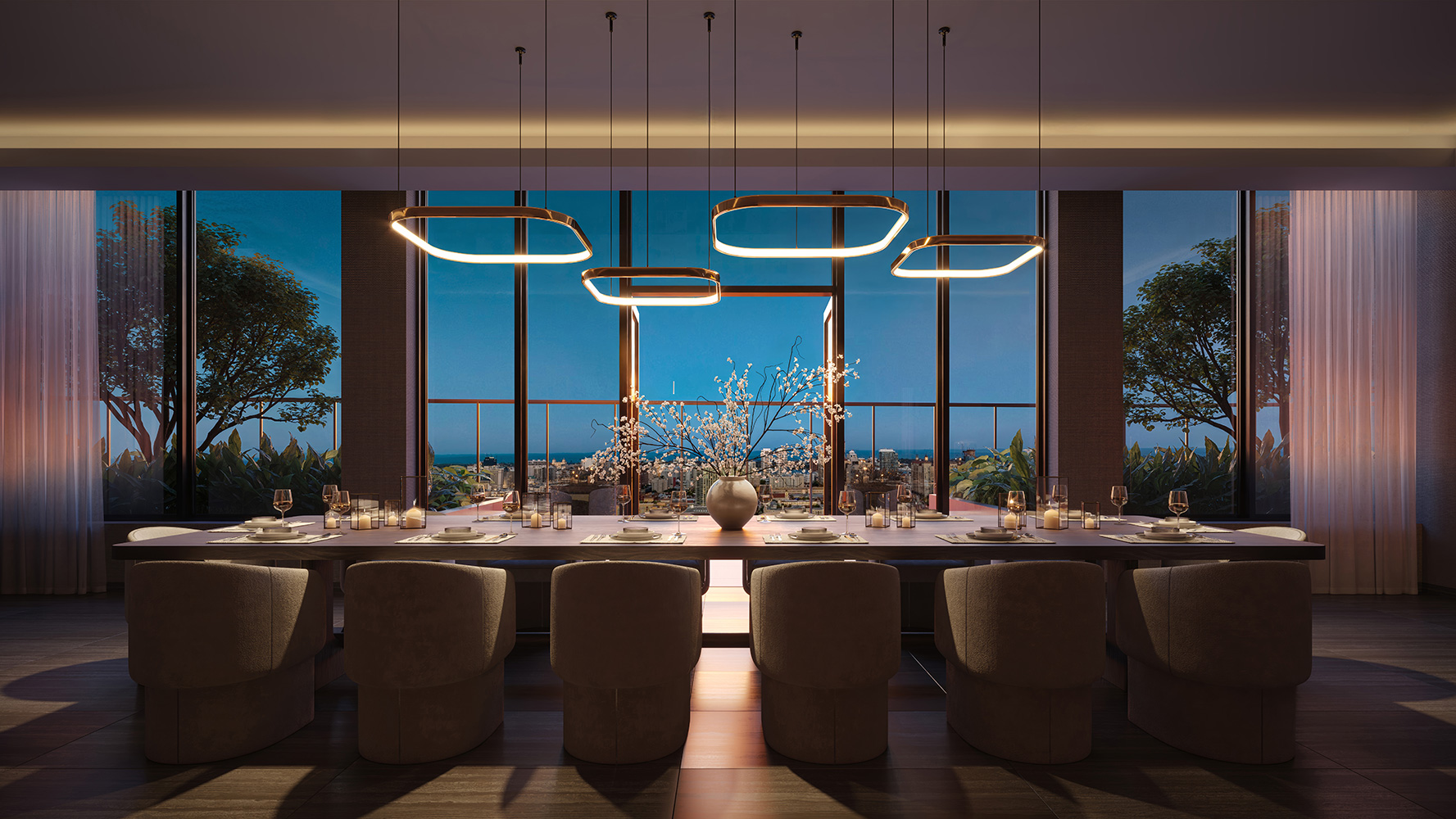 The Berkeley Palm Beach private dining room adjacent to a chef's kitchen, rendering