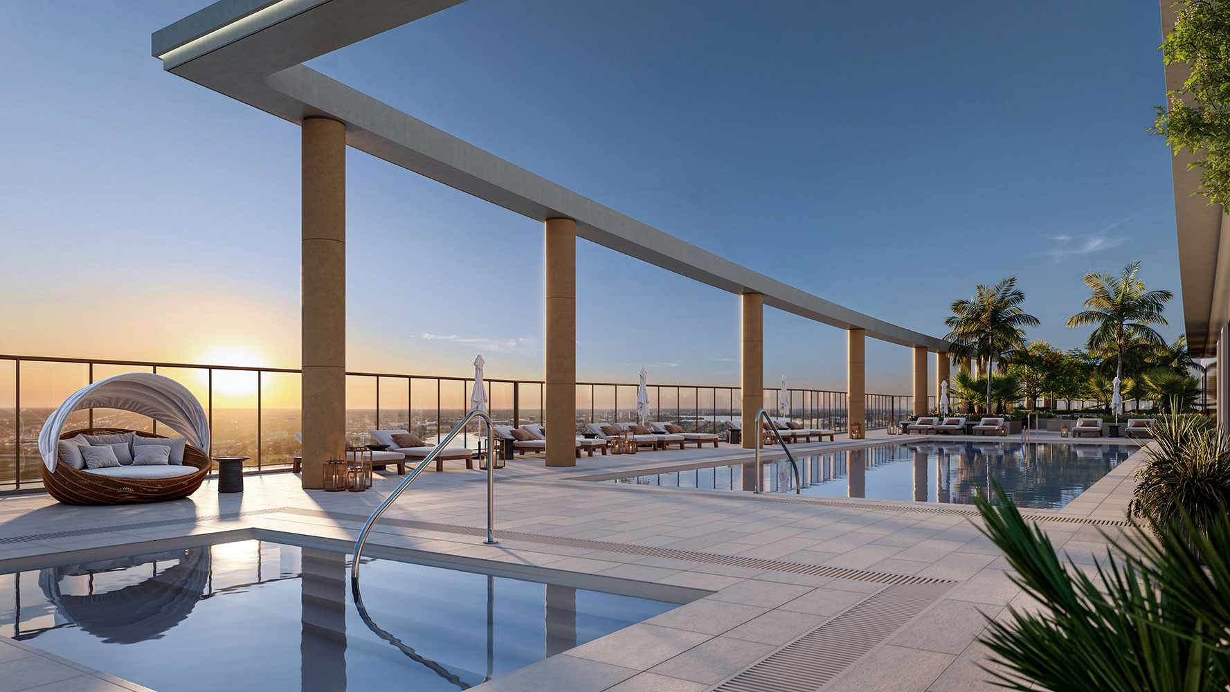 The Berkeley Palm Beach rooftop resort-style pool and sky lounge with Clear Lake and Atlantic views, rendering