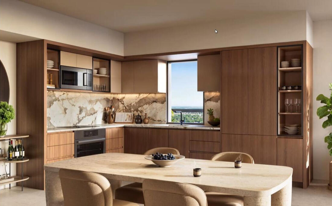 The William residence interior rendering with floor-to-ceiling windows and Italkraft kitchen, North Miami Beach