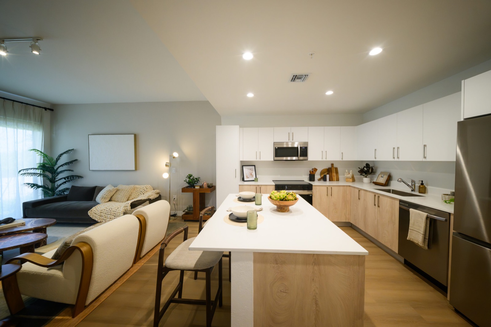 Upland Park apartment kitchen and living area with Italian cabinetry and quartz countertops