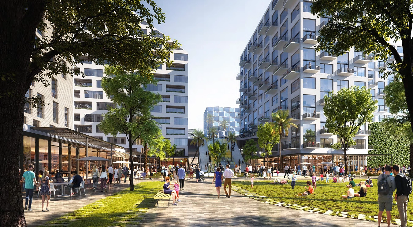 Upland Park district rendering showing residential buildings and open space around the community lake