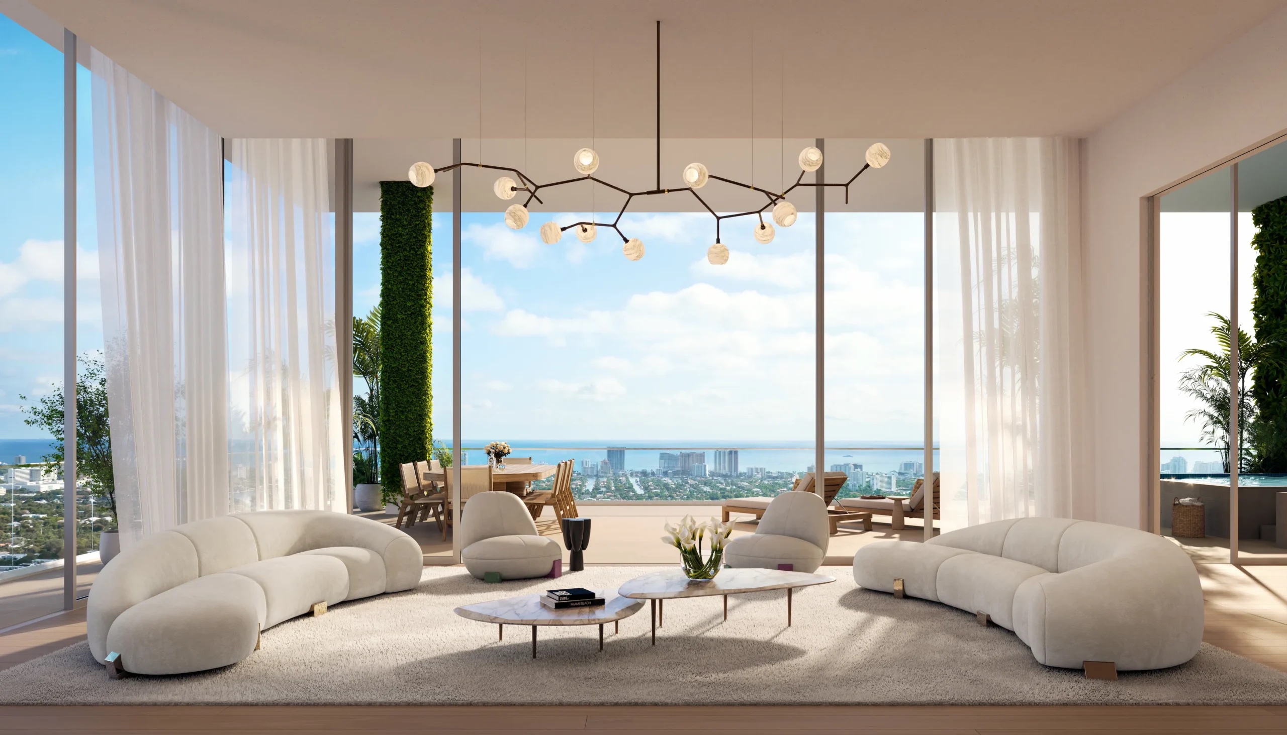 Viceroy Residences Fort Lauderdale penthouse interior rendering with 11-foot ceilings and ocean views