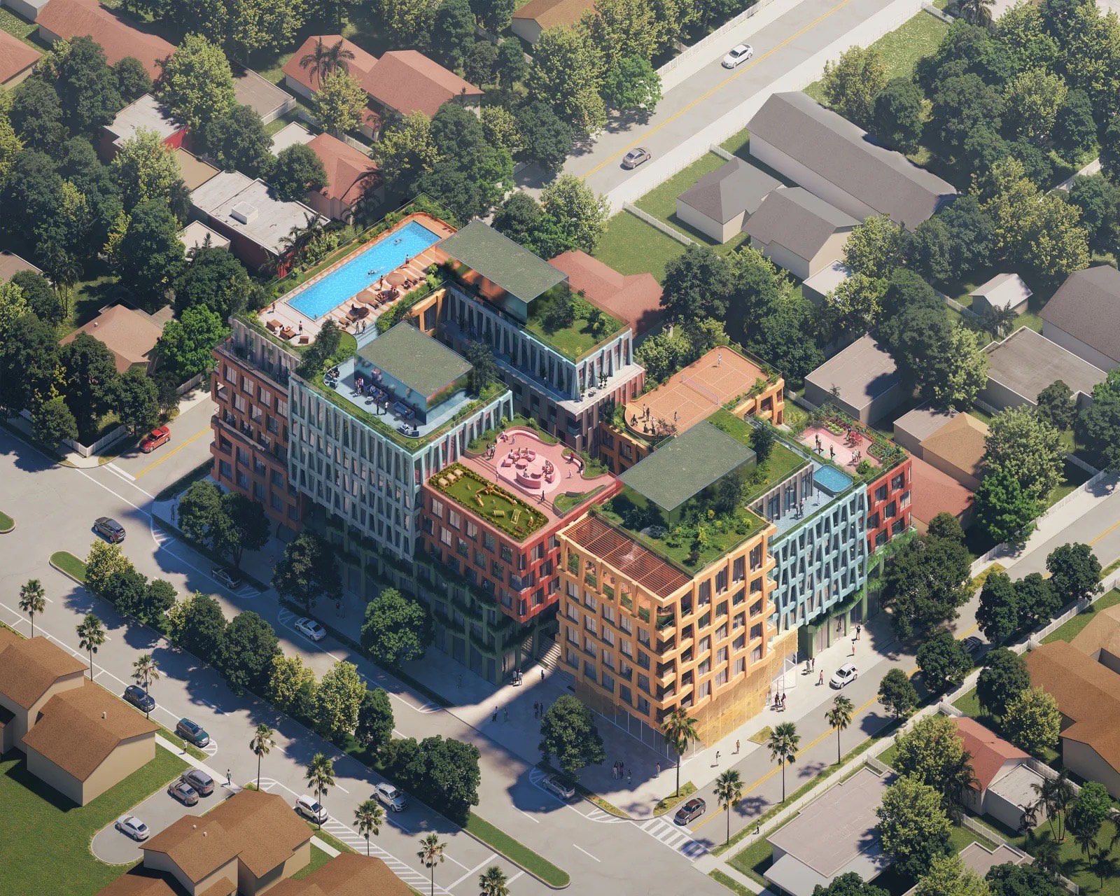 Aerial rendering of WOMA Wynwood showing the stacked blocks of the 163-unit building in Wynwood Norte, Miami