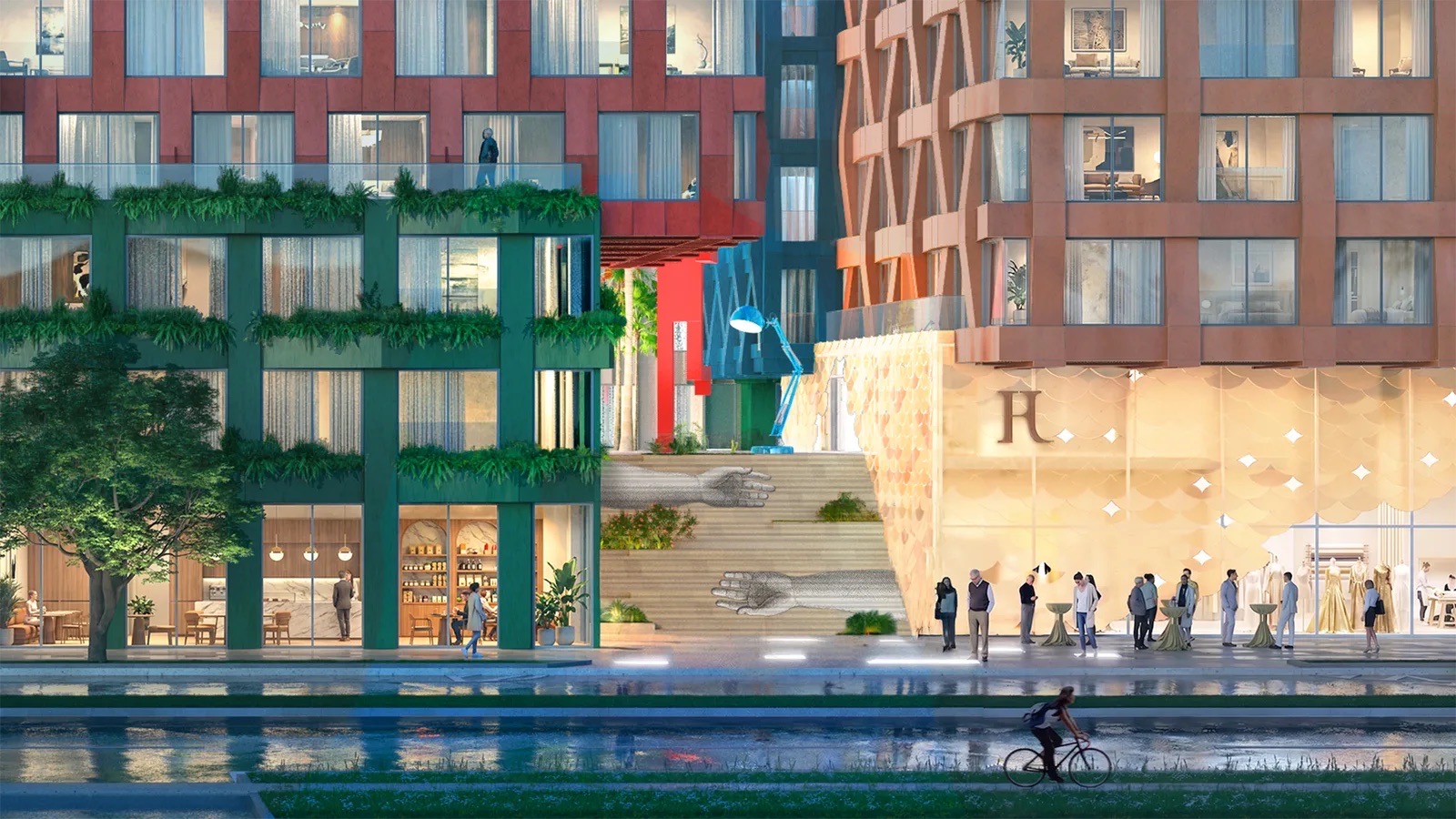 Rendering of the art-lined public route through WOMA Wynwood in Wynwood Norte, Miami