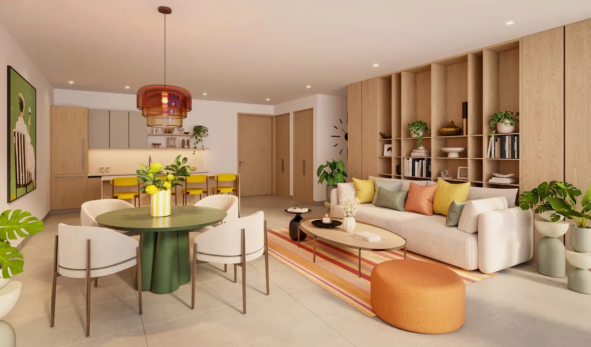 Rendering of a residence interior at WOMA Wynwood delivered move-in ready with a full kitchen