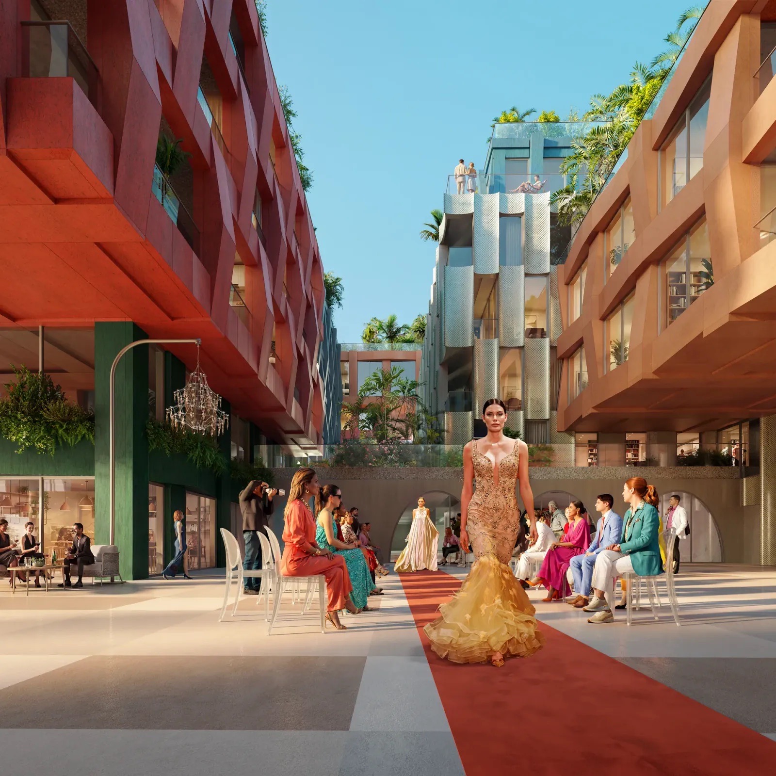 Rendering of the raised mezzanine plaza at the center of WOMA Wynwood in Miami